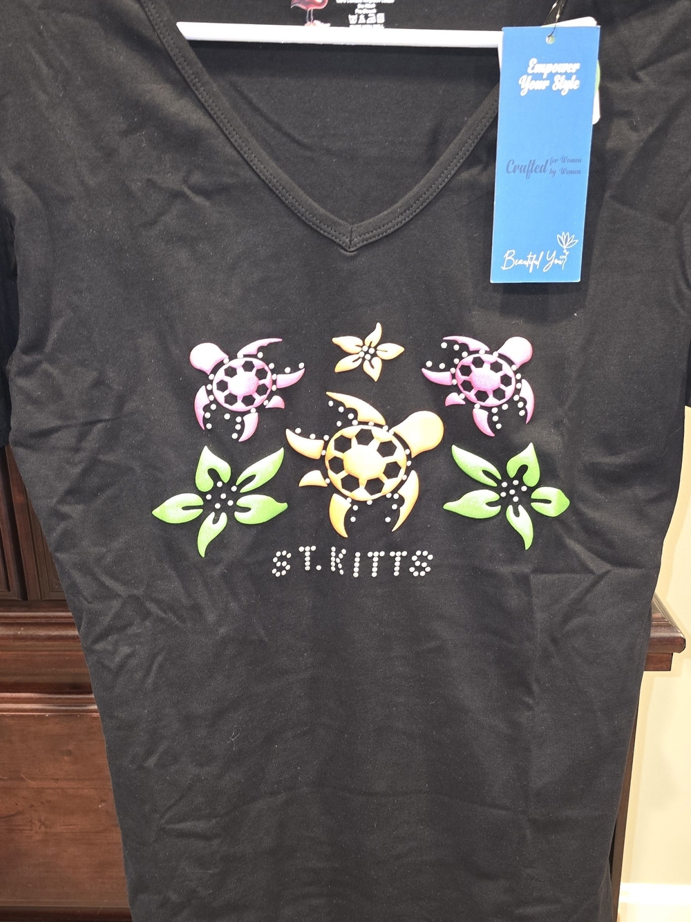 Black Short-Sleeve V-Neck Tee with Colorful Turtle & Floral Print
